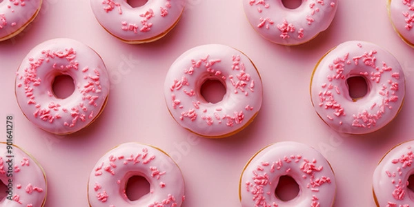 Obraz Pink donuts pattern on a pink background. Design concept banner of romantic, sweet life.