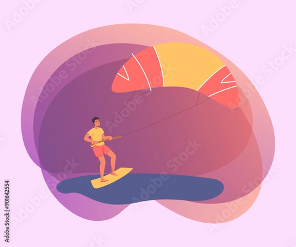 Fototapeta Man kitesurfing at sea flat vector illustration. Male surfer doing physical activity during holiday, having fun. Extreme water sports game, recreation, hobby concept
