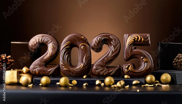 Obraz 西暦。2025年。クリスマスの夜。金と黒のキャンドルが揺れる優雅な部屋に、植物の装飾が施された彫刻のようなチョコレートアートが飾られる。ビターとミルクのチョコにアーモンドを散りばめ、甘い香りが漂う。特別に作られた数字が新たな年への希望を象徴する。新しい年を迎える準備を整える。金と黒の光の中で、この美しい瞬間が永遠に輝き続ける。