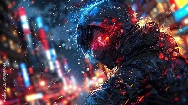 Fototapeta Cyberpunk Anime Character in Cityscape