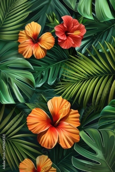 Fototapeta A tropical scene with a bunch of orange and red flowers. The flowers are surrounded by green leaves and the overall mood of the image is bright and cheerful