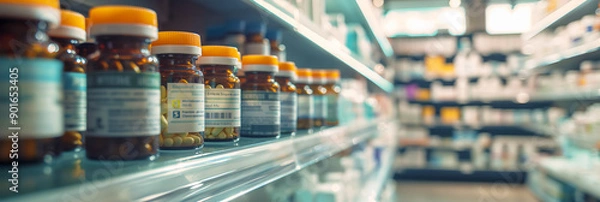 Fototapeta Side view of the large shelves in the pharmacy with transparent vials with a variety of pills and capsules. The concept of modern medicine and pharmacology