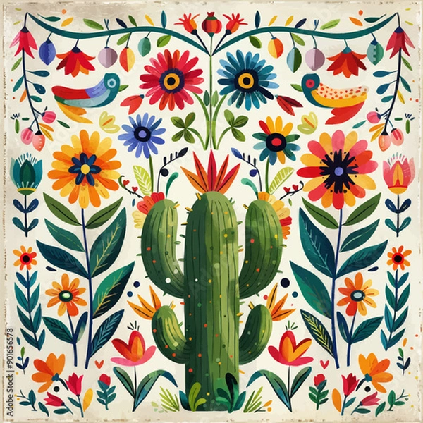 Fototapeta National hispanic heritage month banner with tropical flowers. Vector flyer with floral pattern, captivating ethnic bloom ornament