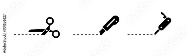 Obraz Set of black cut lines symbols. Isolated cissors, cutter, knife, cut here instructions icons on white background. Creative tools cutting dashed line signs collection. Vector illustration.