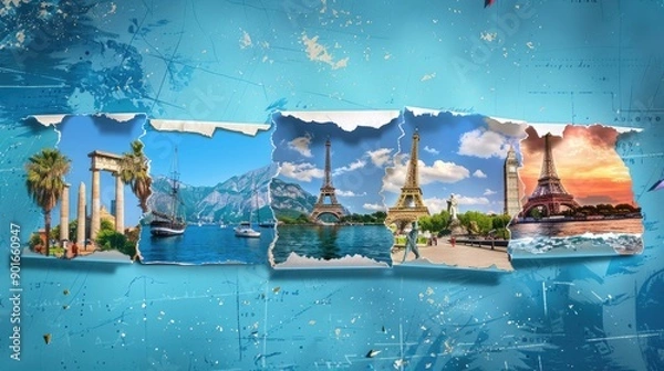 Fototapeta Designs with photos of various holidays and travels around the world. Presented as a torn paper effect for advertising.