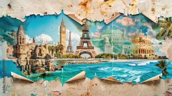 Fototapeta Designs with photos of various holidays and travels around the world. Presented as a torn paper effect for advertising.