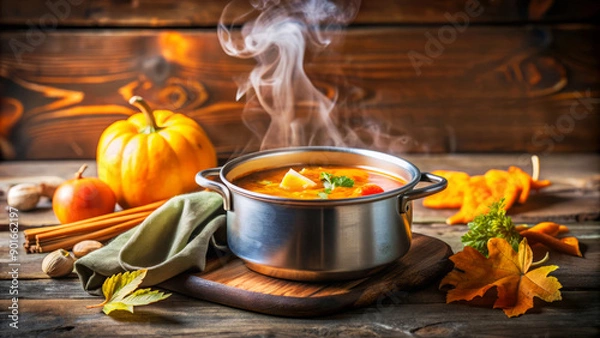 Fototapeta Steaming Pumpkin Soup in a Pot with Autumn Leaves.