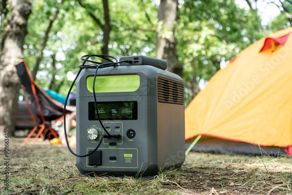 Fototapeta Portable power station with lithium ferrophosphate battery  charging electronic  devices used at a wild camp site,  in front  of yellow tent