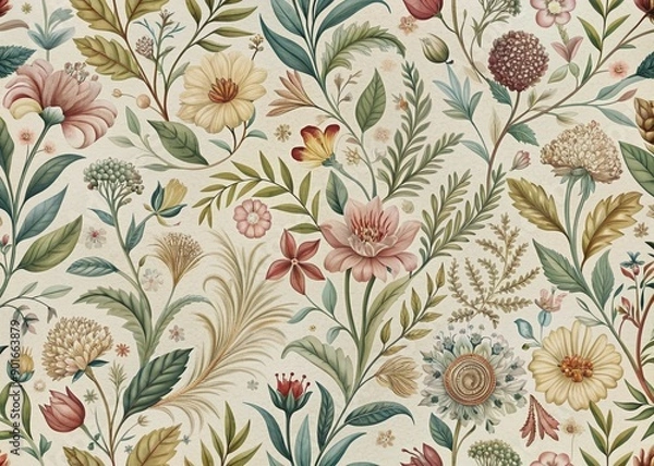 Fototapeta Intricately illustrated, lush botanical florals and foliage in soft, muted hues dance across a vintage-inspired, seamless repeating pattern on a creamy ivory background.