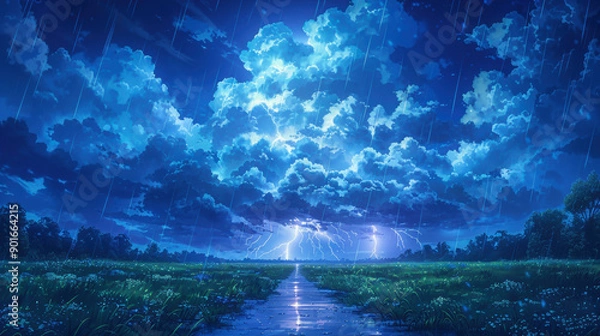 Fototapeta Anime Illustration of Dramatic Thunderstorm with Lightning Over a Flooded Field at Night