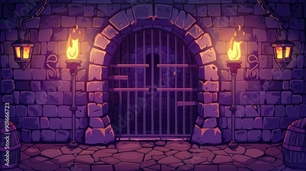 Fototapeta Cartoon illustration of a stone-walled medieval dungeon with torches and a barred gate, suitable for game backgrounds
