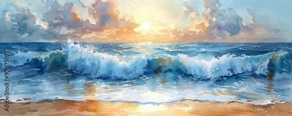 Fototapeta A painting of a wave crashing on a beach with a sunset in the background