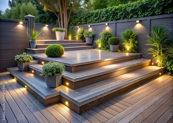 Fototapeta Ash grey composite decking with two levels, ambient deck lights, and lush greenery, perfect for a landscape gardener's outdoor design, showcasing sleek modern elegance.
