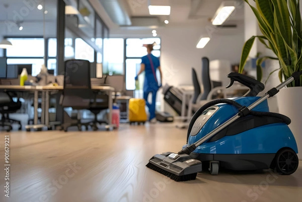Obraz Office cleaning, mop for cleaning and clean floor. concept template for advertising cleaning, office cleaning, sanitary conditions with space for text