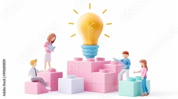 Fototapeta A group of people are building a structure with a light bulb on top