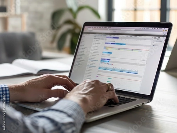 Obraz A professional working on a laptop, analyzing data in a modern workspace filled with natural light and greenery.