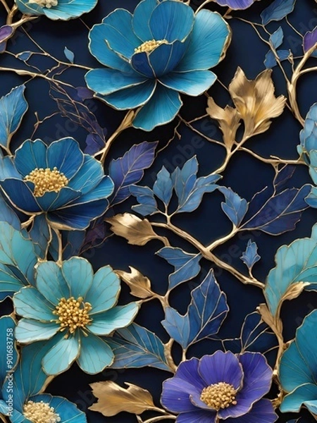 Obraz エレガントな青と金の花のデザイン