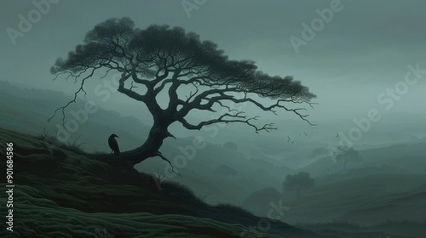 Fototapeta A solitary tree silhouetted against a misty landscape, creating a serene and mysterious atmosphere in nature.