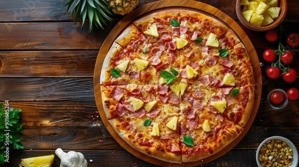 Fototapeta A pizza with pineapple and ham toppings sits on a wooden cutting board. The pizza is cut into slices and is surrounded by various toppings, including tomatoes, basil, and cheese