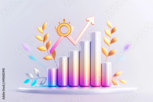 Fototapeta Illustration is a colorful and lively 3D growth chart featuring vibrant bars, an upward arrow, and decorative elements that symbolize and represent business success