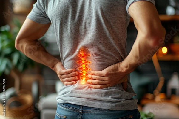 Obraz Middle-aged man gripping his lower back, red highlighting back pain