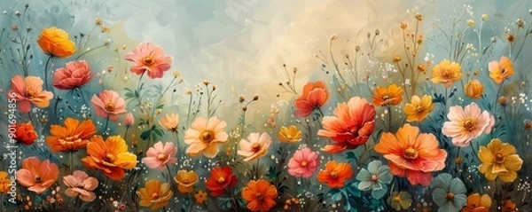 Fototapeta A painting of a field of flowers with a blue sky in the background