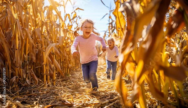 Fototapeta Happy children running through a corn maze in autumn 