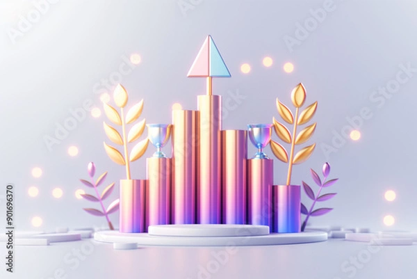 Fototapeta Vibrant 3D visualization features an engaging growth chart with colorful trophies and lush plants, symbolizing success and inspiring viewers to excel