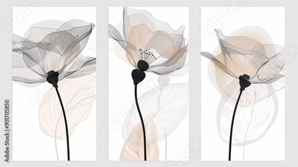 Fototapeta Three art posters with a continuous line drawing of a flower, each piece aligning perfectly on a white background for a sophisticated decor
