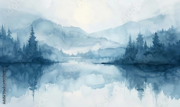 Fototapeta A painting of a forest with a lake in the background