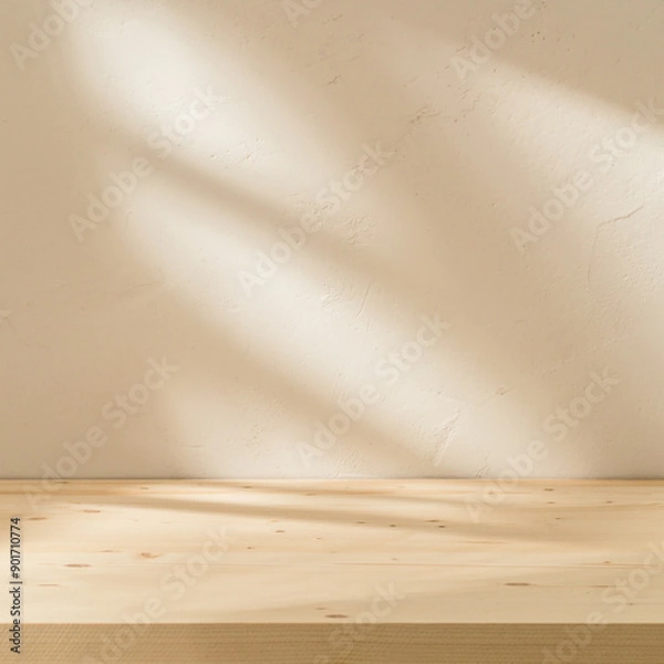 Obraz Empty table on white texture wall background. Square composition with abstract shadow on the wall. Mock up for presentation, branding products, cosmetics food or jewellery.
