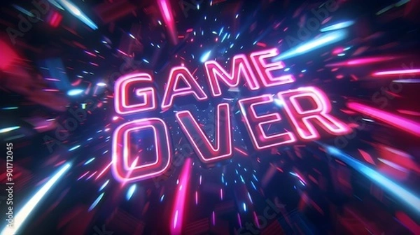 Fototapeta Glitched Neon  Game Over  Title Inscription on Dark Background with Blurred Motion Particles