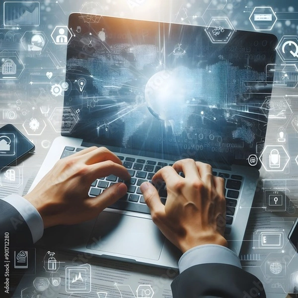 Fototapeta Global Connectivity Hands Typing on a Laptop with Digital Interface