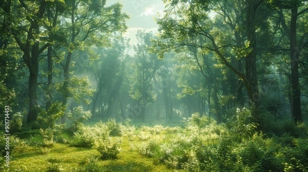 Fototapeta Misty Forest Landscape With Sunlight Filtering Through Trees in Early Morning. Generative AI