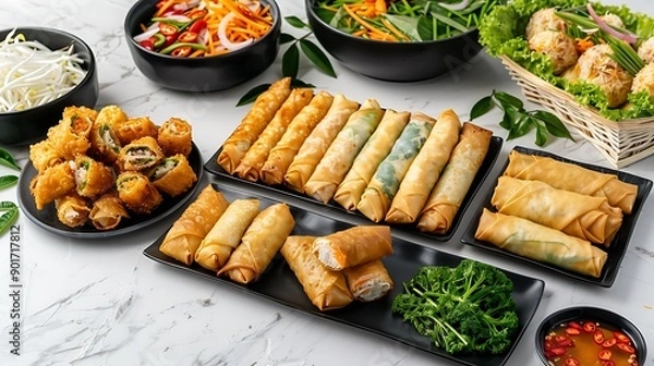 Fototapeta A flat lay of various delicious Vietnamese dishes, including spring rolls and crepe wraps, were arranged on an elegant white marble table with a soft focus background. The food was beautifully