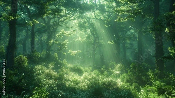 Fototapeta Serene Sunlight Filtering Through Lush Green Forest Canopy During Early Morning Hours. Generative AI
