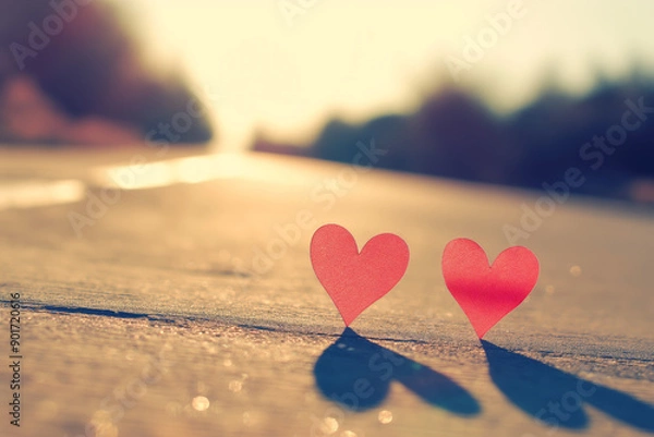 Fototapeta Two small paper hearts on a sunlit road, symbolizing love and connection during a peaceful afternoon