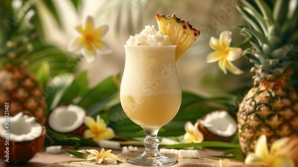 Fototapeta Photorealistic Pina Colada with Pineapple and Coconut Garnish in a Tropical Setting