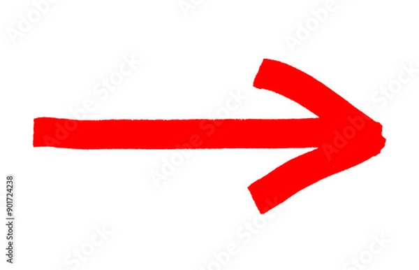 Fototapeta Red arrow brush stroke icon isolated. The arrow sign is drawn by hand with a marker. PNG with transparent background. Flat lay. Clipping path