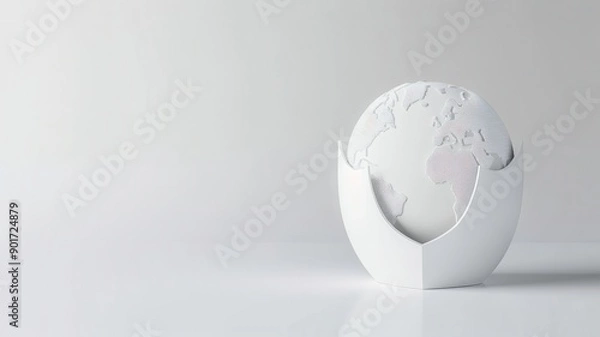 Fototapeta A sleek 3D model of a shield surrounding a globe, symbolizing global security and protection, against a plain background