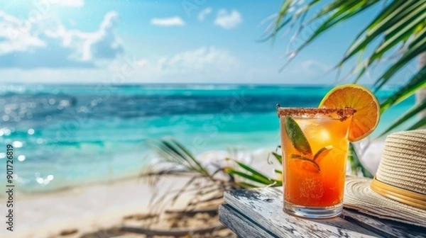 Fototapeta a cocktail at the beach with the ocean in the background, 