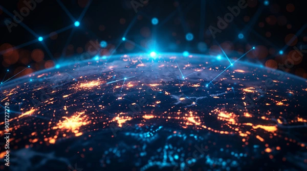 Fototapeta A blue and orange planet with a network of lines connecting it