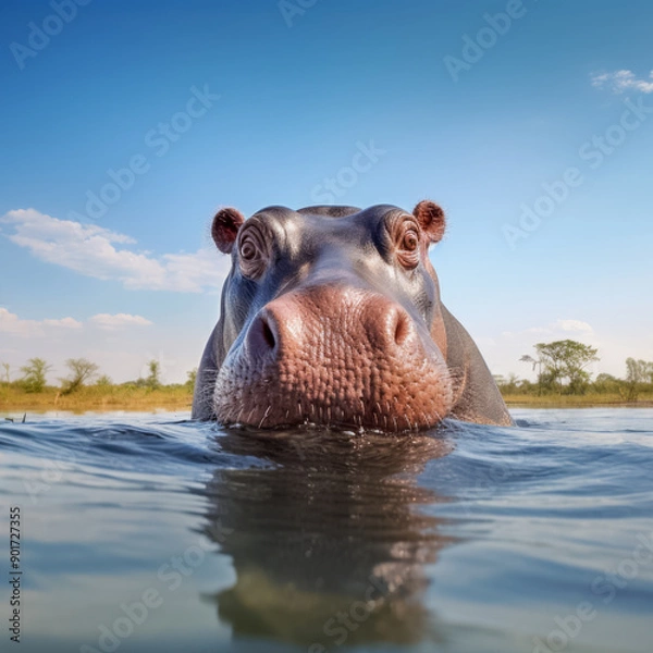 Fototapeta Nilpferd, Flusspferd (Hippopotamus amphibius) in freier Natur, Generative AI
