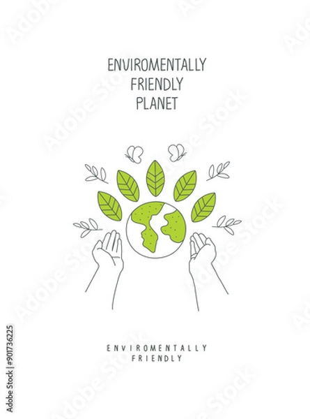 Obraz Vector cartoon sketch of hands supporting the planet, as a nature conservation sign. Illustration of environmentally friendly planet.Green energy concept.
