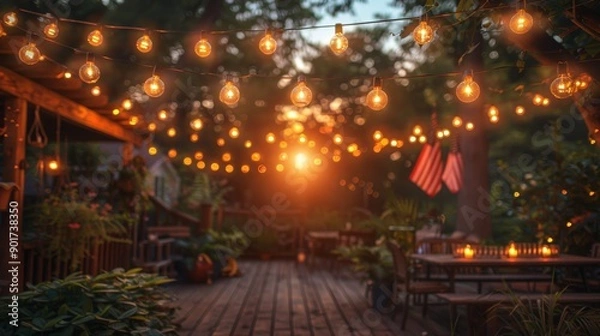 Fototapeta String lights illuminating a backyard deck at sunset, creating a warm and inviting ambiance