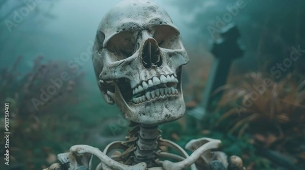 Fototapeta Haunting skeleton in a foggy graveyard, fear etched in every bone, eerie and chilling atmosphere, skeleton fear haunting