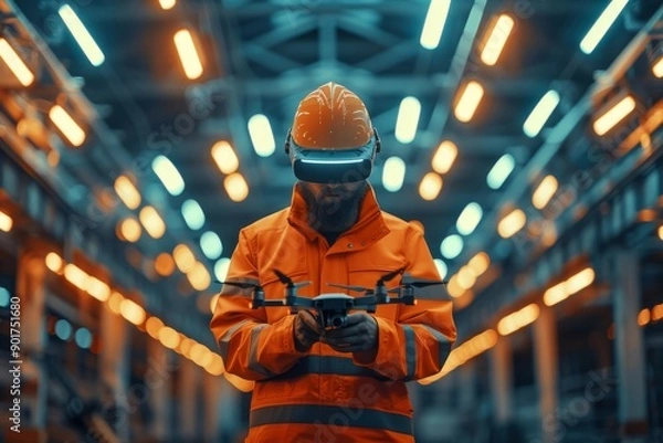 Fototapeta Engineer using VR technology to control drone in a high-tech industrial environment