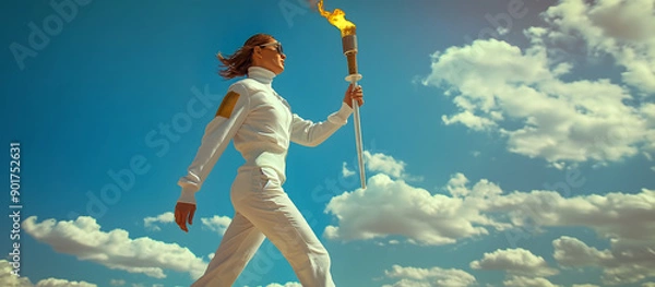 Fototapeta A powerful image of a female athlete proudly carrying the Olympic torch against a bright blue sky with scattered clouds.