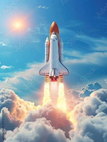 Fototapeta A space shuttle lifting off from the launch pad and soaring into the sky
