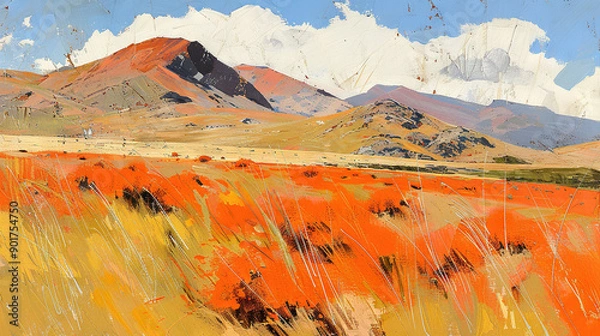 Fototapeta   A painting of an orange-flowered field with a mountain and blue sky in the foreground